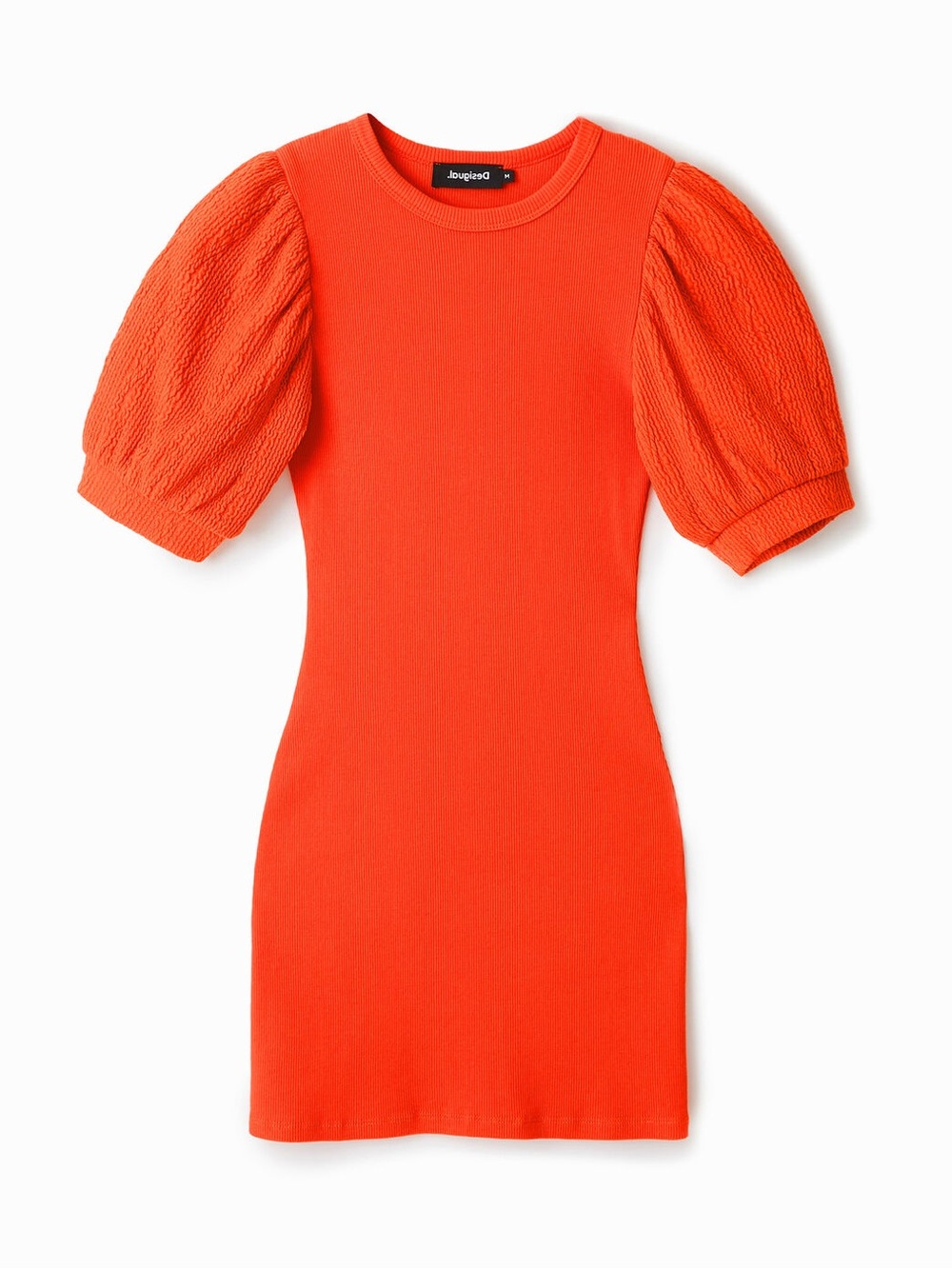 Desigual L Coral Orange Ribbed Puff Sleeve Bodycon Mini Dress